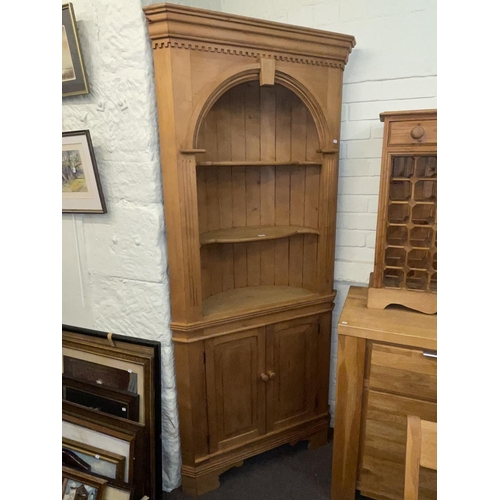 350 - Pine barrel backed open topped standing corner cabinet, 208cm.