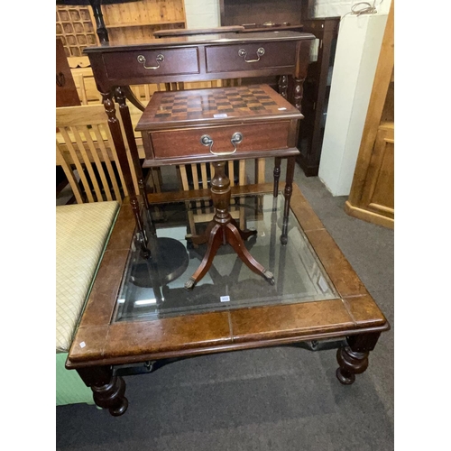 353 - Large leather and glass topped low centre table, mahogany two drawer console table and pedestal game... 