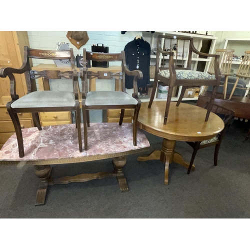 354 - Large shaped marble topped low table, circular pedestal dining table and two pairs of carver chairs ... 