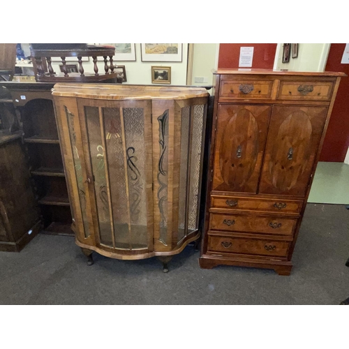 357 - Walnut shaped front china cabinet, oak dresser rack and yew cabinet (3).