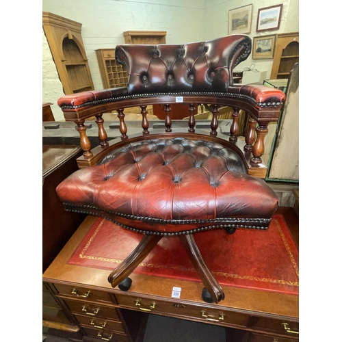 359 - Mahogany eight drawer pedestal desk, 75cm by 121cm by 61cm, together with a ox blood buttoned leathe... 