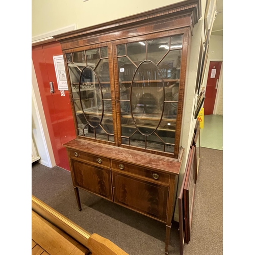 361 - Edwardian mahogany, chequer and line inlaid four door cabinet bookcase, 185cm by 110cm by 38cm.