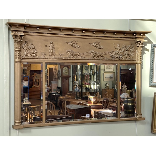 390 - Antique gilt framed overmantel with triple bevelled mirror panels, 91cm by 143cm.