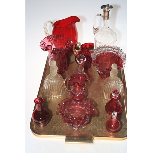 4 - Collection of Victorian and later Cranberry glass, glass ewer, pair of figure bells, etc.