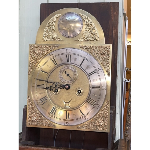 407 - George III oak eight day longcase clock having brass arched dial signed John Charlton, Durham, 221cm... 