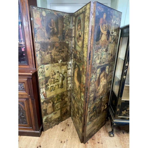 438 - Victorian three fold scrap screen, 182cm.