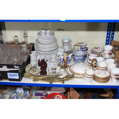 73 - Blue and white porcelain, part tea wares, glass, metalwares, mantel clock, etc.