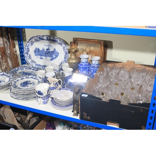 73 - Blue and white porcelain, part tea wares, glass, metalwares, mantel clock, etc.