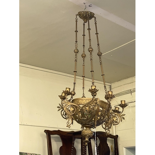 81 - An Edwardian brass and glass four branch ceiling light, a lustre drop five branch ceiling light, a b... 