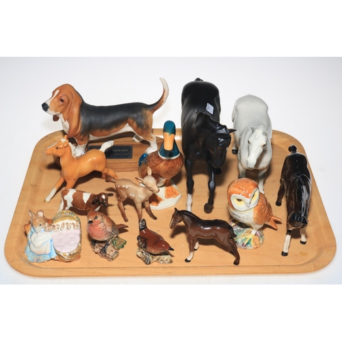 9 - Beswick and Royal Doulton horses, Bassett hound, Beswick calf, birds, etc.