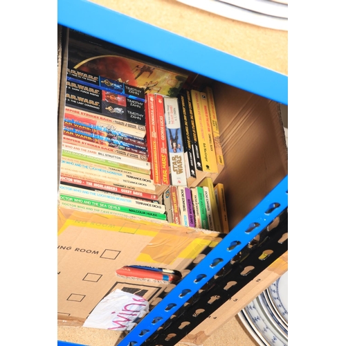 97 - Five boxes of books including Star Wars, Giles Annuals, children's books, Darlington and other footb... 