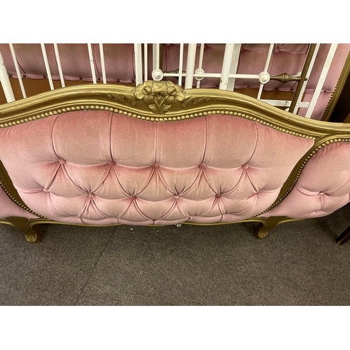 333 - Pair Continental gilt painted and buttoned fabric double bed ends and Victorian cast and brass child... 