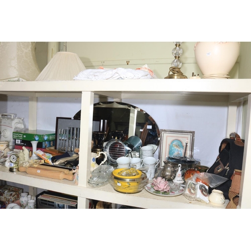 112 - Mirror, linens, part tea sets, glass, figurines, etc.