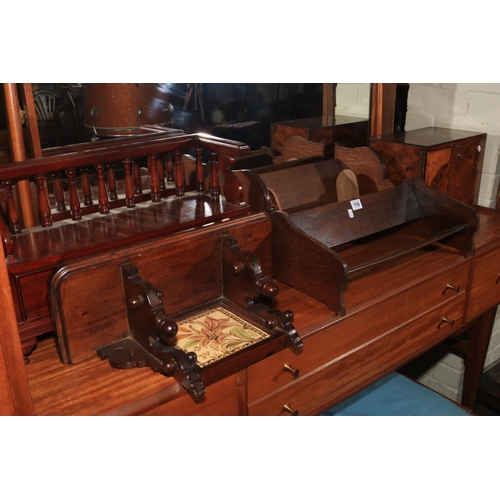 116 - Burr walnut two drawer table cabinet, three book troughs, wall bracket and a single draw unit.