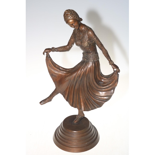 154 - Deco style spelter dancing figure on base, 51cm high.