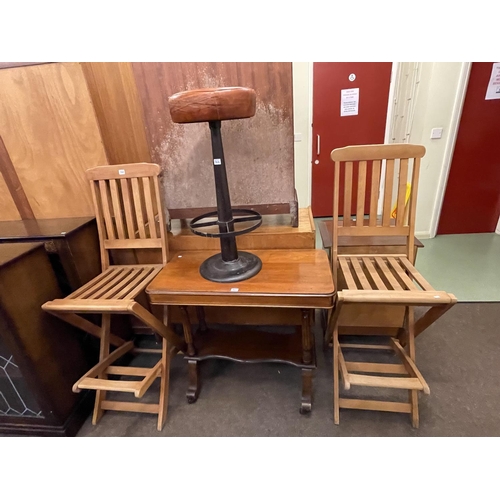 364 - Pair folding teak garden high chairs, leather seated bar stool and Victorian rectangular mahogany si... 