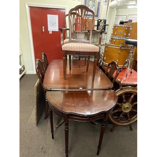 367 - Mahogany twin pedestal extending dining table and six chairs including pair carvers and demi lune sh... 