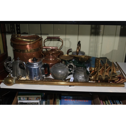 72 - Collection of metalwares including brass and copper bound bucket, scales, teapots, etc.