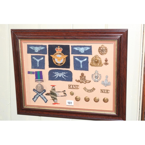 101 - QEII General Service medal with Malaya clasp, military cap badges including Royal Canadian Mounted P... 