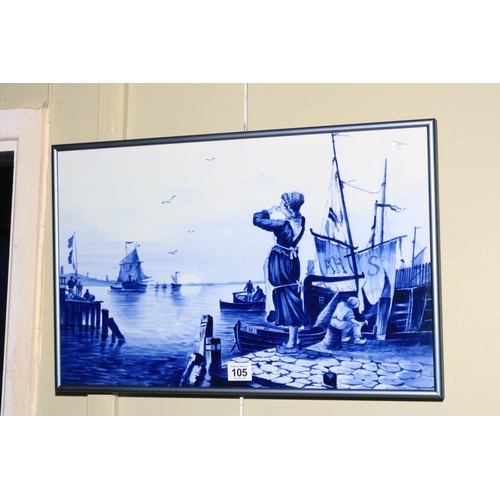 105 - Framed Delft style blue and white hand painted wall panel by Villeroy & Boch, c1900.