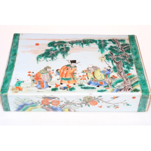 155 - Good Chinese pillow vase decorated with bird and figures in landscape, 33cm by 22cm by 6cm.
