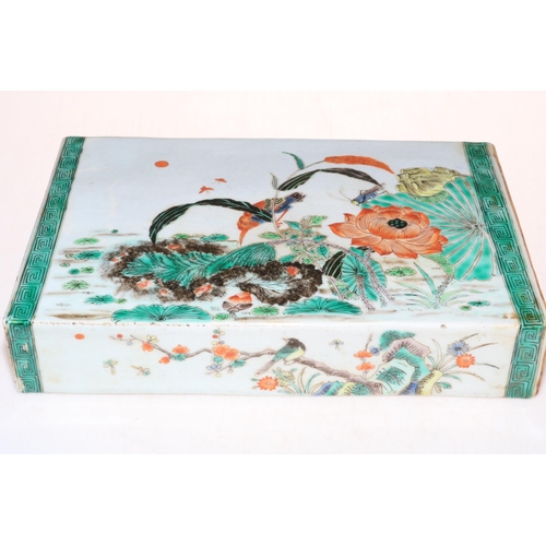 155 - Good Chinese pillow vase decorated with bird and figures in landscape, 33cm by 22cm by 6cm.