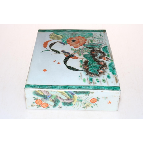 155 - Good Chinese pillow vase decorated with bird and figures in landscape, 33cm by 22cm by 6cm.