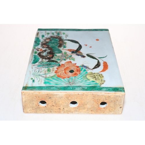 155 - Good Chinese pillow vase decorated with bird and figures in landscape, 33cm by 22cm by 6cm.