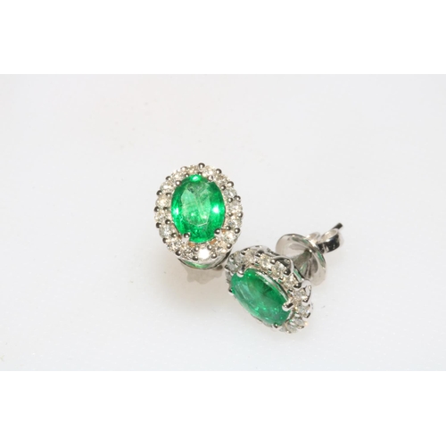 161 - Pair of 18 carat white gold, emerald and diamond cluster earrings, emerald approx 1.95 carats and di... 