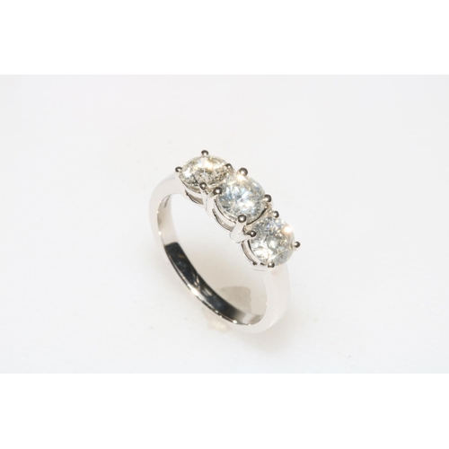 164 - Three stone diamond ring set in 18 carat white gold, the three round cut diamonds totalling 1.84 car... 