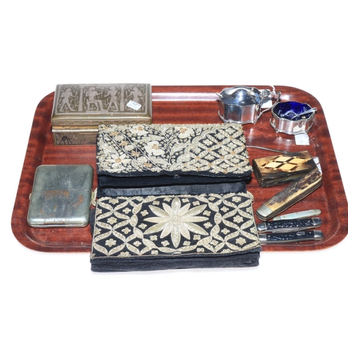 2 - Silver mustard and salt, white metal and Niello cigarette case, Egyptian design cigarette box, pocke... 
