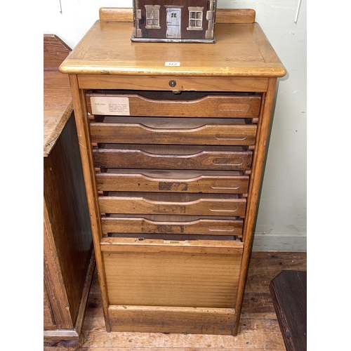 372 - Early 20th Century oak tambour front filing cabinet, 97cm by 48cm by 41cm.