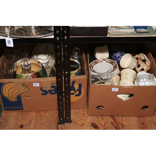 119 - Four boxes of decorative pottery, glass, etc.