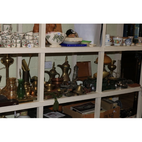 123 - Good collection of metalwares, barometers, oil lamps, glass, prints, etc including novelty money box... 