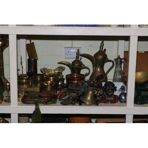 123 - Good collection of metalwares, barometers, oil lamps, glass, prints, etc including novelty money box... 