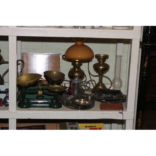 123 - Good collection of metalwares, barometers, oil lamps, glass, prints, etc including novelty money box... 