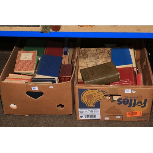 141 - Five boxes of decorative porcelain, books, glass, etc.