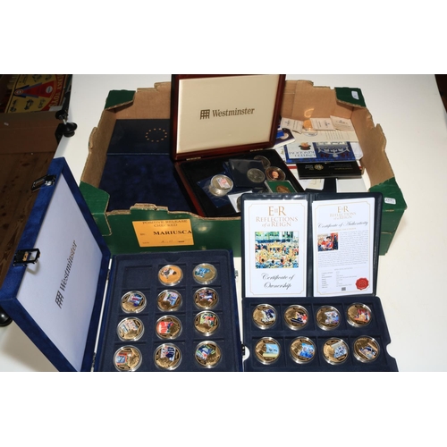 18 - Box of assorted coinage inc: Cased set of 24 x Reflections of a Reign Coin Collection 24ct gold plat... 