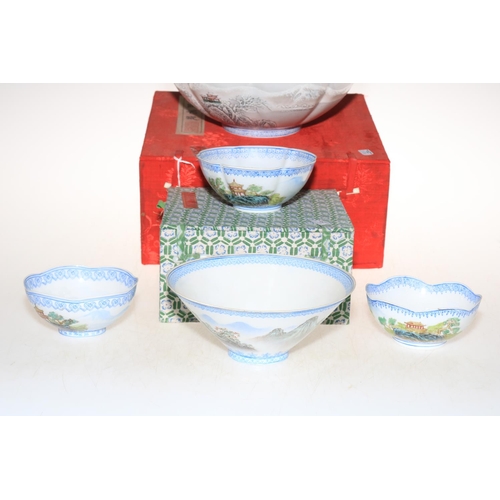 184 - A collection of five Chinese eggshell porcelain bowls, each decorated with temple in landscape, larg... 