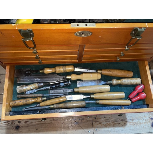 332 - Clarke nine drawer tool chest containing a collection of tools including chisels, planes, etc (tool ... 