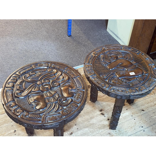 362 - Pair Ethnic carved circular hardwood tables, 47cm by 49cm diameter.