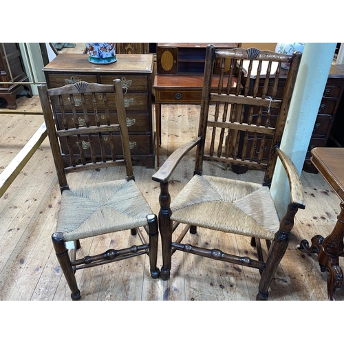 374 - Set of six antique Lancashire rush seated dining chairs including one carver, Referenced in The Engl... 