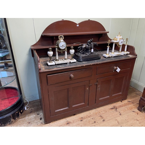 396 - Antique rustic Scottish pine shaped back dresser, 136cm by 149.5cm by 65cm.