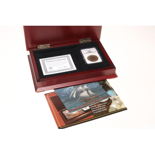 42 - El Cazador 8 Reales silver coin by The Morgan Mint with NGC Shipwreck certification and box.