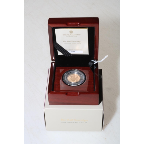 5 - 2022 The Royal Mint gold proof half sovereign in box with COA No. 0191.