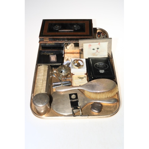 52 - Silver backed mirror and brush set, vesta case, mustard, cash tin and coins, DM & EM Alderson cat wa... 