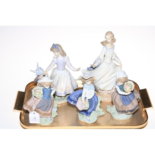 54 - Five Lladro figures including Alice in Wonderland, Cinderella and three girls with flower baskets.