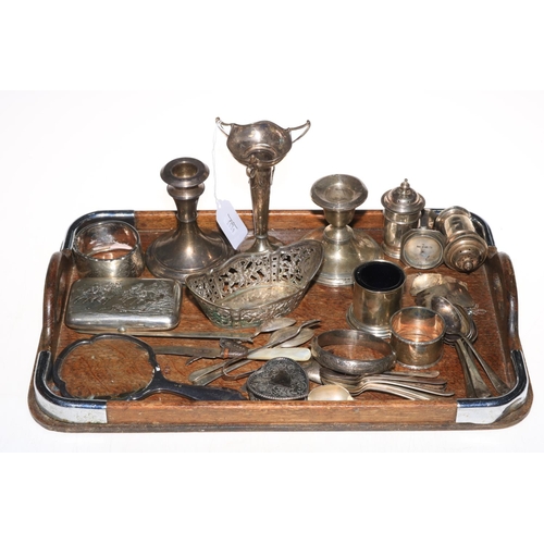 56 - Collection of silver items including vase, candlesticks, spoons, Continental basket, heart shaped bo... 