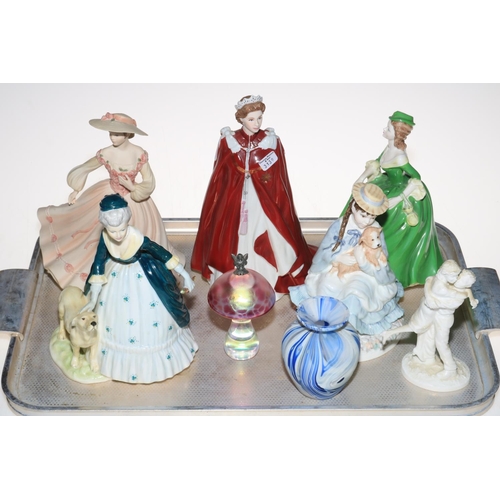 57 - Royal Worcester Queen's 80th Birthday figure, five Coalport figures, glass mushroom paperweight and ... 