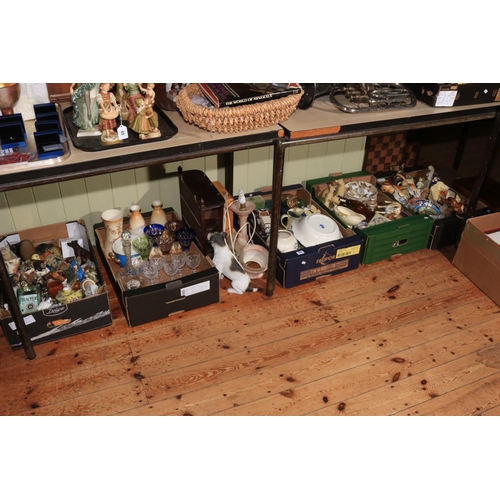 79 - Five boxes of decorative porcelain, chess board and pieces, glass, display cabinet, table lamp, etc.